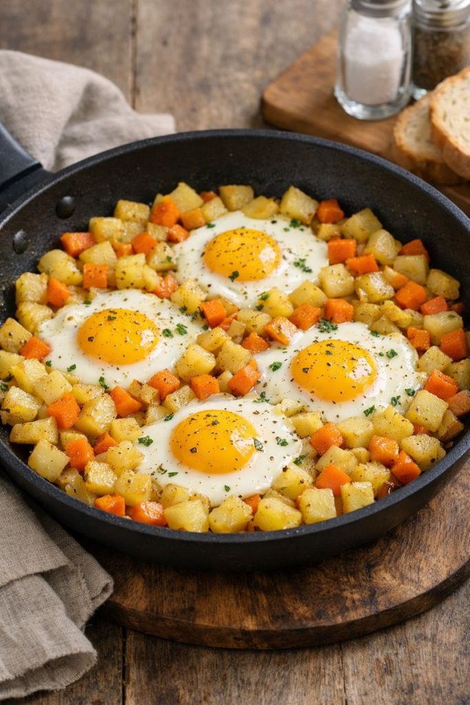 Poêlée de légumes et œufs économique, recette rapide et pas chère avec pommes de terre et carottes